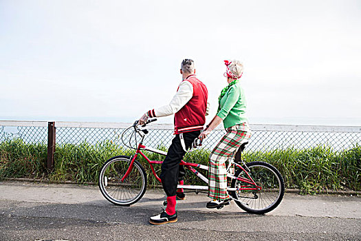 20世纪50年代,旧式,风格,情侣,向外看,双人自行车,海岸