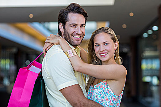 微笑,情侣,购物袋,搂抱,头像,购物中心