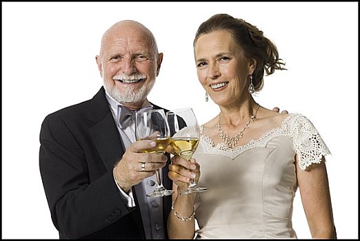 肖像,老年,夫妻,祝酒,葡萄酒,玻璃杯