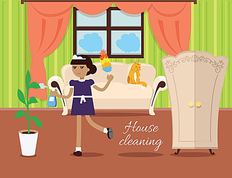 家务清洁,矢量,公寓,设计,女孩,笤帚,灰尘,喷雾器,工作,家,佣人,插画,清洁,服务,广告,舒适,概念