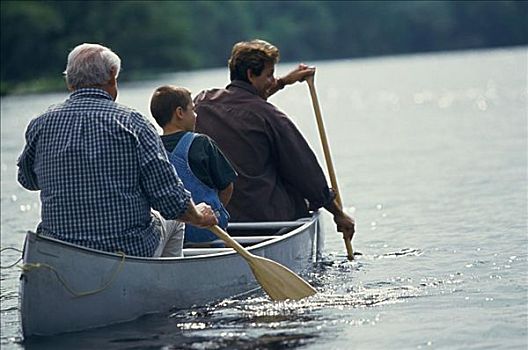 后视图,爷爷,划船,船,儿子,孙子,湖