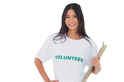 魅力,女人,穿,志愿者,t恤,拿着,写字板,白色背景,背景