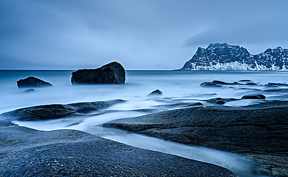蓝色,钟点,石头,海岸,罗弗敦群岛,挪威,欧洲