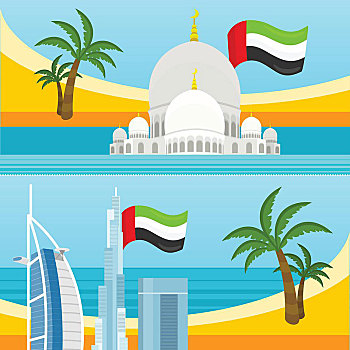 阿联酋,旅行,海报,旅游,设计,魅力,酋长国,地标,旗帜,构图,清真寺,棕榈树,海滩,海洋