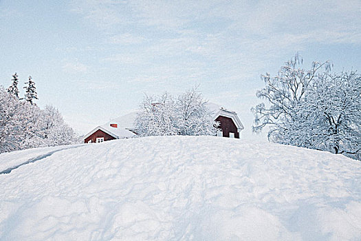 仰视,房子,雪,山,天空