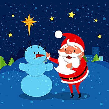圣诞老人,站立,靠近,雪人,雪花,落下,晚间,城市,天空,许多,黄色,星,绿色,树,高,建筑,公寓,设计,地面,遮盖,雪,卡通,风格,矢量,冬天