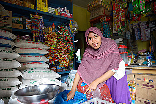 美女,薄纱,协助,小,杂货店,砂质黏土,印度尼西亚,亚洲