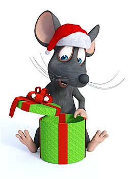 卡通,老鼠,戴着,圣诞帽,开着,圣诞礼物