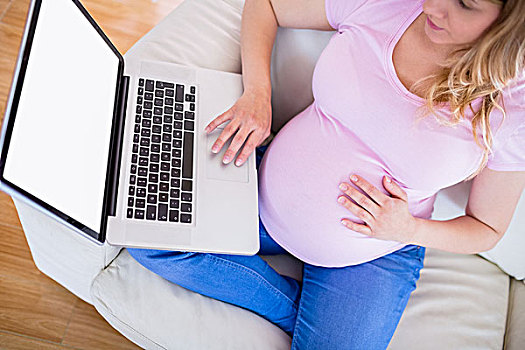 孕妇,笔记本电脑,在家,客厅