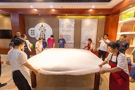 广西蒙山,游客参观丝绸工业旅游景区看丝绸产品及蚕丝棉被制作