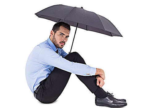 严肃,商务人士,拿着,伞,坐
