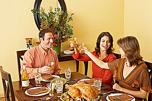 女人,祝酒,白葡萄酒,上方,感恩节,食物