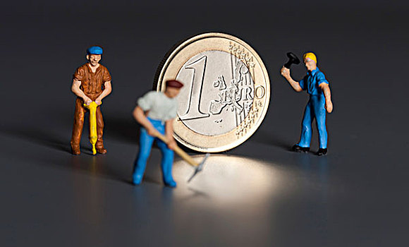欧元,硬币,微型,工作,象征,图像,市场,债务,薪水,养老金
