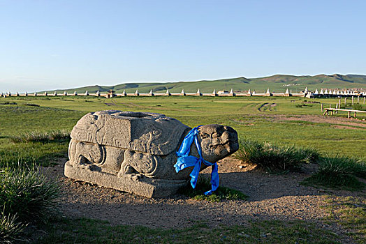 石头,监护,穿,蓝色,带,幸运,正面,佛塔,墙壁,寺院,喀喇昆仑,蒙古,亚洲