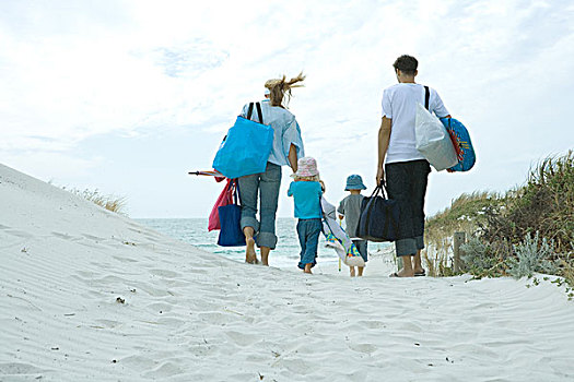 家庭,走,沙丘,海滩