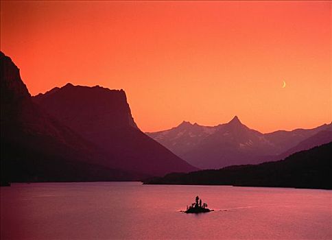 大雁,岛屿,日落,圣玛丽湖,冰川国家公园,蒙大拿,美国