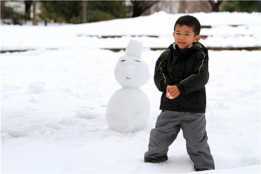 日本人,男孩,打雪仗,雪人