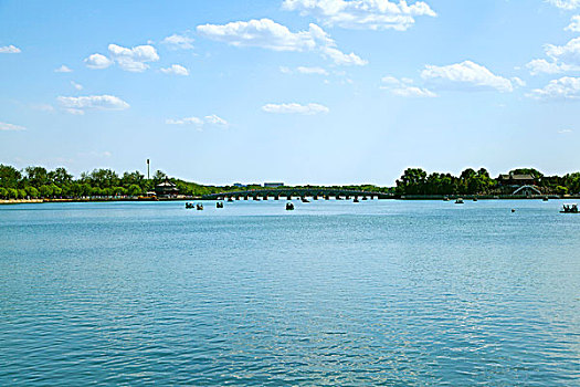 颐和园的昆明湖上游船点点和远处的十七孔桥