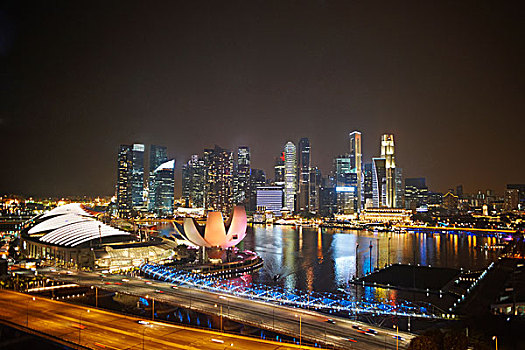 风景,水岸,摩天大楼,夜晚,新加坡