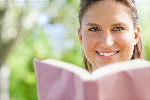 微笑,女人,读,书本,公园
