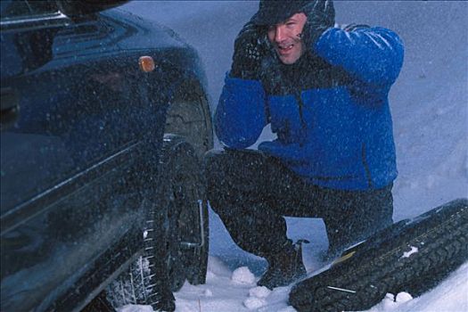 男人,变化,轮胎,汽车,雪中,风暴,冬天