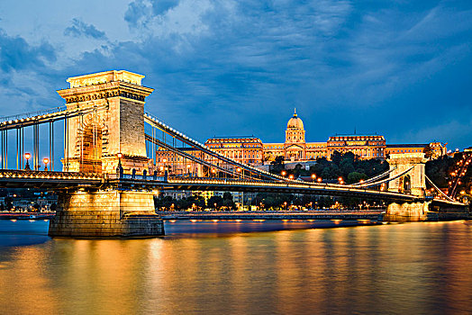 城堡,链索桥,夜晚,布达佩斯,匈牙利