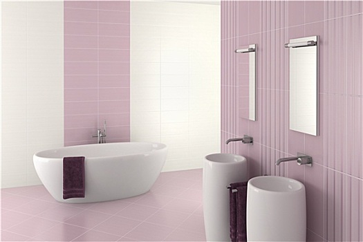 紫色,现代,浴室,一对,盆,浴缸