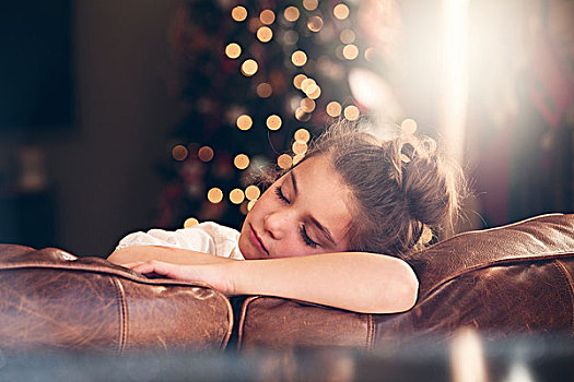 女孩,头像,睡觉,沙发,正面,圣诞树
