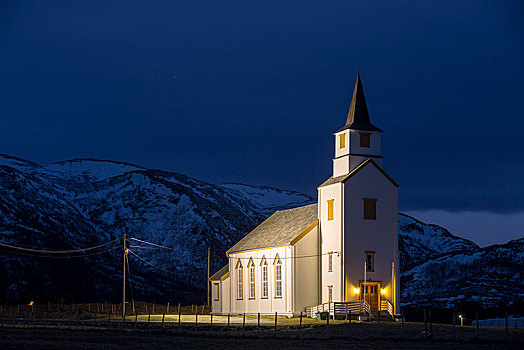 光亮,教堂,蓝色,钟点,特罗姆瑟,特罗姆斯,挪威,欧洲