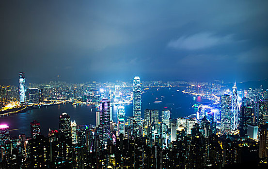 香港,城市,夜晚,维多利亚港,大量,高层建筑