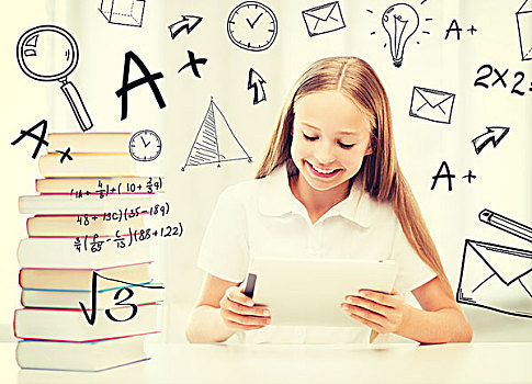 教育,学校,科技,互联网,概念,小,学生,女孩,平板电脑,书本