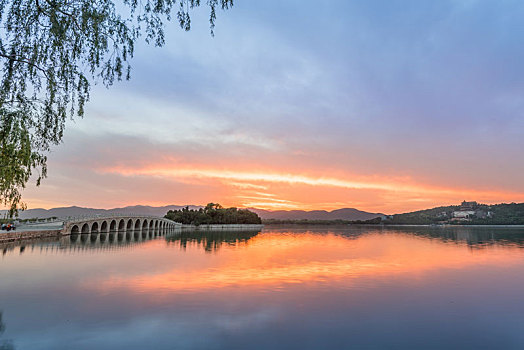 夕阳下的中国北京颐和园的湖泊园林建筑