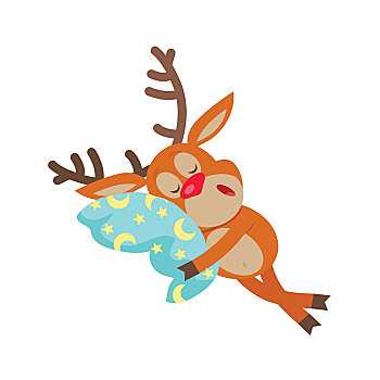 鹿,睡觉,枕头,隔绝,驯鹿,垫子,月亮,星,有趣,卡通,风格,设计,圣诞快乐,新年快乐,矢量,插画