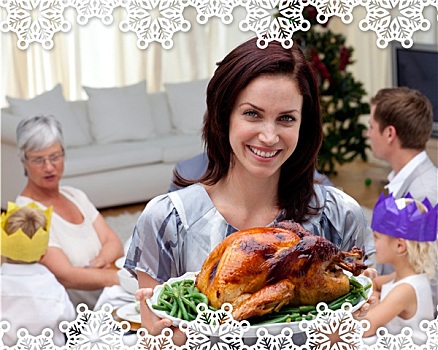 女人,展示,圣诞节,火鸡,家庭,餐饭