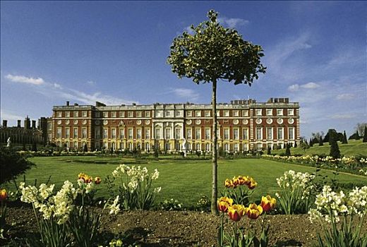 英国,欧洲,伦敦,汉普顿宫,宫殿,草地,花,床,盛开,正面,英格兰,城堡