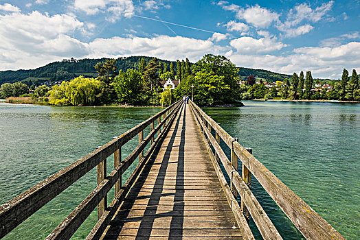 木桥,穿过,莱茵河,河,寺院,岛屿,莱茵,沙夫豪森,瑞士,欧洲