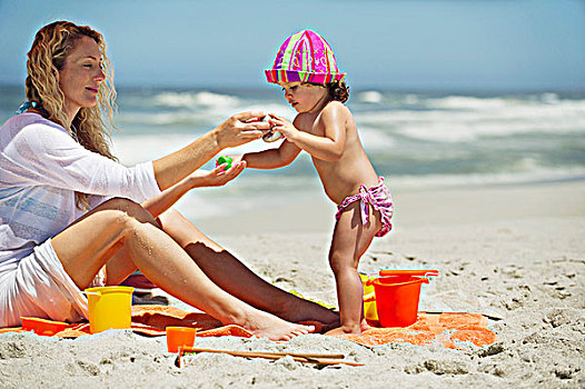 女人,女儿,玩,海滩