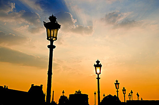 路灯,日落,卢浮宫,巴黎,法国