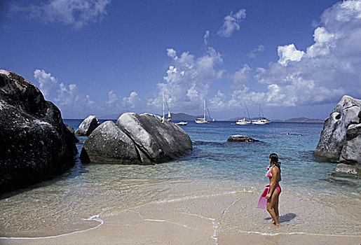 加勒比,英属维京群岛,维京果岛,女人,站立,海滩,看,帆船