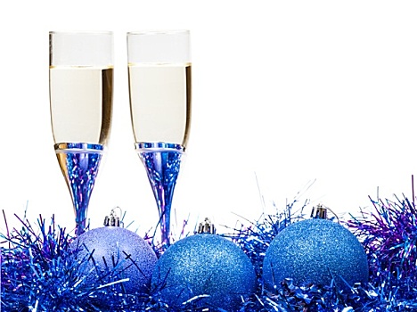 两个,玻璃杯,香槟,蓝色,紫色,闪亮装饰物