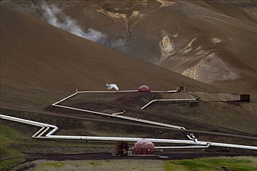 地热发电站,热,水,洞,靠近,火山,冰岛