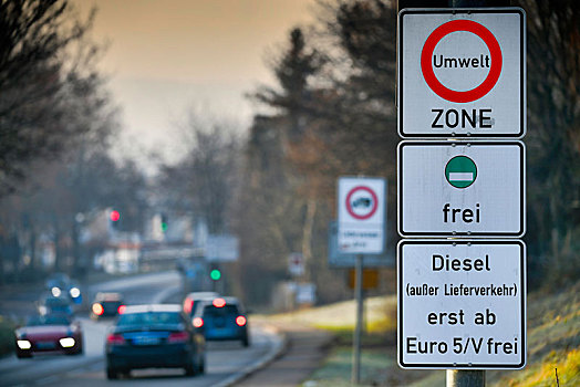 交通标志,第一,城市,柴油,禁止,欧元,递送,交通,低,排放,不干胶,斯图加特,巴登符腾堡,德国,欧洲