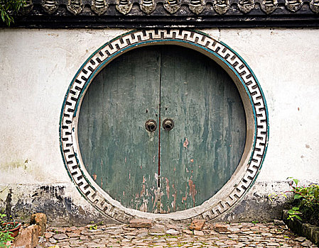 老,绿色,木头,大门,两个,门环,中国