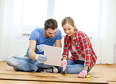 修理,建筑,家,概念,微笑,情侣,测量,木地板