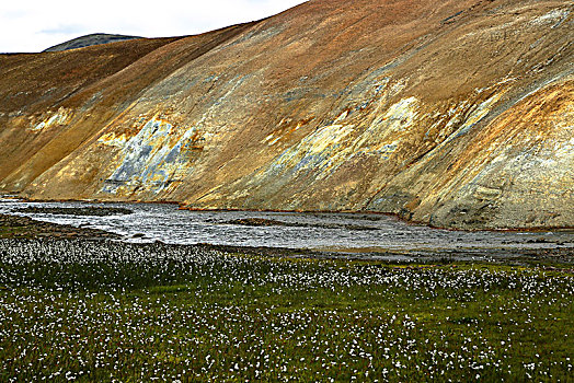 冰岛,彩色,风景,河流,黄色,流纹岩,斜坡