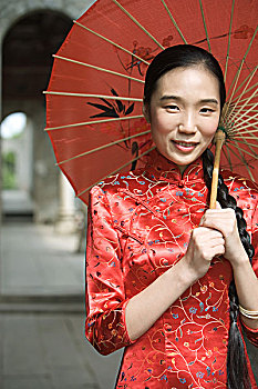美女,衣服,传统,中国人,站立,伞,头像