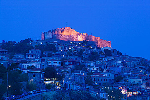 希腊,爱琴海岛屿,15世纪,拜占庭风格,城堡,晚间