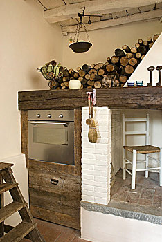 角,厨房,不锈钢,烤炉,乡村,木质,柜子,靠近,烟囱,地点,木柴