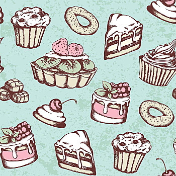 无缝,图案,糖果,蛋糕,旧式,风格,矢量,绿色背景,甜食