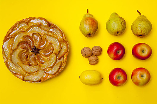 蛋糕,苹果蛋糕,水果,黄色背景